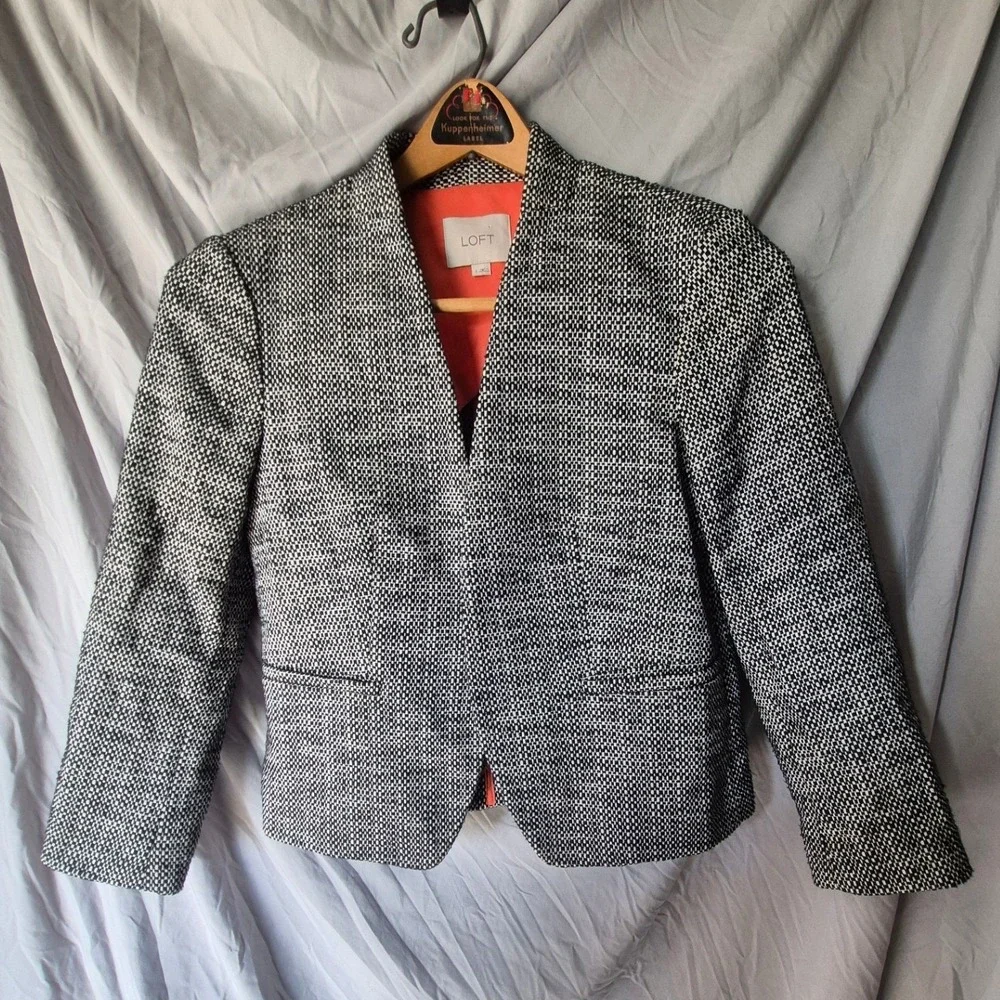 Ann Taylor Loft Womens Black‎ White Tweed Collarless Blazer Jacket Size 4